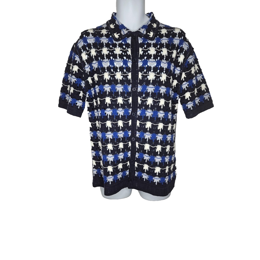 Wax London Crochet Knit Shirt Blue White Pattern Button Up Resort